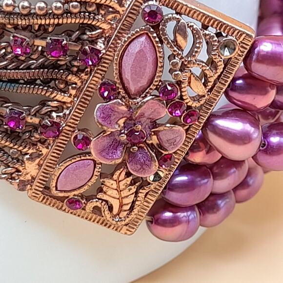 Pink Dyed Pearl Rhinestone Bracelet, Rose Gold Tone Chains, Pink Rhinestones, 7" - Picture 7 of 10